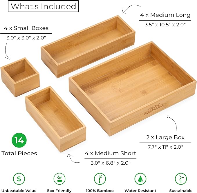 Grow Forward Bamboo Drawer Organizer Boxes - Set of 14 Wooden Drawer Organizers for Kitchen, Bathroom, Office, Desk, Vanity, Makeup - Non-Slip Junk Drawer Organizer Trays for Storage and Organization - Image 3