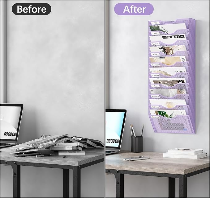 EasyPAG 10 Pocket Mesh Wall File Organizer, Hanging Paper Folder Holder with Classify Label, Vertical Wall Mount Mail Organizer for Office Home Classroom, Purple - Image 5