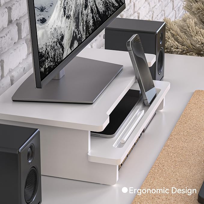 16.5” Bamboo Monitor Stand with Phone & Tablet Holder Desk Shelf | Monitor Riser for 36-48 Inch Desk Cozy Computer Setup Workplace Organizer Keyboard Storage Compact Ergonomic White - Image 3
