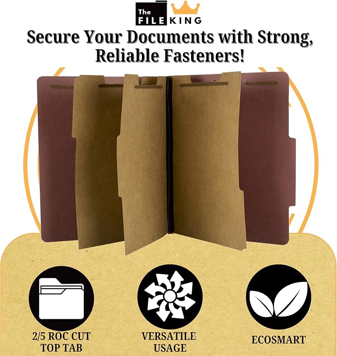 The File King Three Divider Pressboard Classification Carnelia Red File Folder - Letter Size | Box of 10 | 2/5 ROC Top Tab | 3” Expansion | Eight 2-Inch Fastener Prongs | USA Made - Image 3