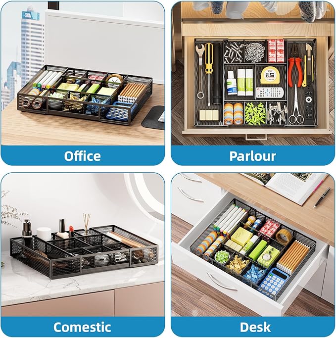 Marbrasse Expandable Desk Drawer Organizer, Mesh Drawer Organizer Tray with 10 Adjustable Compartments, Desk Organizers and Accessories for Office Supplies, Makeup & Vanity (Expandable Black-2 pack) - Image 4