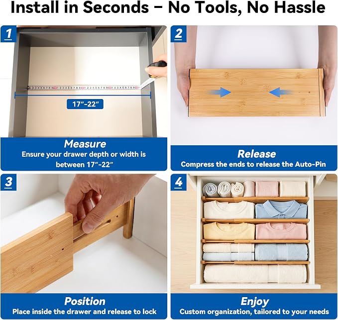 4 Pack 8" Deep Bamboo Drawer Dividers, 17-22" Expandable Kitchen Organizers | Adjustable Spring-Loaded Tension Separators with Foam Pad for Clothes, Utensils, Kitchen, Dresser, Nursery & Bathroom - Image 5