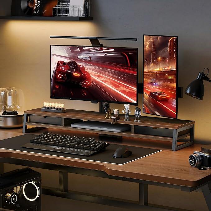 Fenge Dual Monitor Stand Riser, 42.5in Desk Shelf with 2 Drawers, Brown | 2-Tier Monitor Shelf for Desk, Storage Drawer with Stopper, Frosted, fit Home Office, Ultrawide Screen, PC, Laptop, TV - Image 6