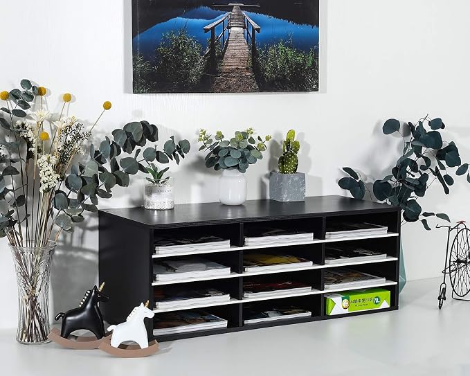 Mail Sorter, Wood Countertop Literature Organizer, Student Mailbox for Classroom, Desktop Bill Paper Organizer for Office Home School, 12 Compartments, Black & White - Image 2