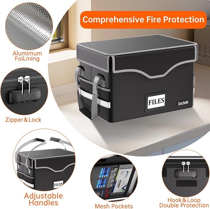 DocSafe 5200°F Fireproof Document Box with Lock,Heat Insulated File Organizer Storage with Pockets,Collapsible Portable Home Office File Safe Box with Handle for Hanging Letter/Legal Folders, Black - Image 4