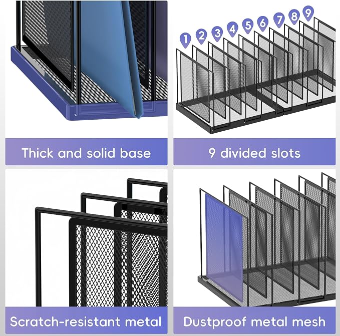 9-Section Desk File Organizer, Vertical File Holder, Mesh Desktop File Folder Metal File Binder Organizer Stand for Office Home Classroom, Black - Image 5