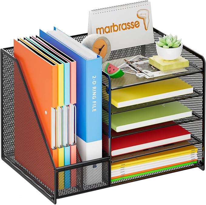 Marbrasse Desk Organizer with File Holder, 5-Tier Paper Letter Tray Organizer, Mesh Desk Organizers and Accessories with Magazine Holder, Desktop Storage for Office Supplies (Black) - Image 2