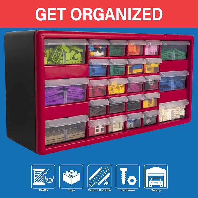 Akro-Mils 26-Drawer Plastic Storage Cabinet, 20"W x 6"D x 10"H, Red - Image 4