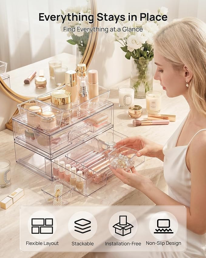Vtopmart 12-Pack Clear Makeup Organizer Set with Drawer Organizer Bins | 2 Pack Stackable Storage Drawers & 10 Pack Drawer Organizer for Vanity Cosmetic, Bathroom Countertop, Desk - Image 3