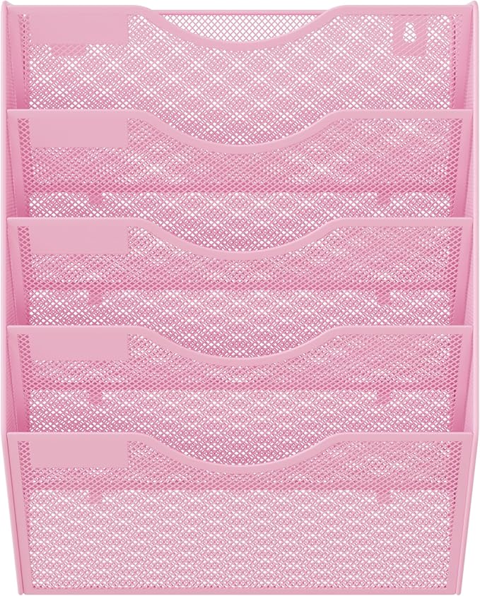 EasyPAG Wall File Organizer 5 Tier Hanging Paper Folder Holder, Zero Assembly Metal Mesh Wall Mounted Mail Organizer for Office Home Classroom Narrow Spaces, Pink - Image 8