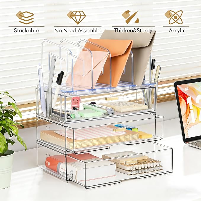 LALOBLUE Acrylic Desk Organizer with 4-Vertical File Holder Rack, 3-Clear Drawer and 2 Pen Holders, Desktop Storage for Office Desk Accessories School Classroom Organization (Clear) - Image 3