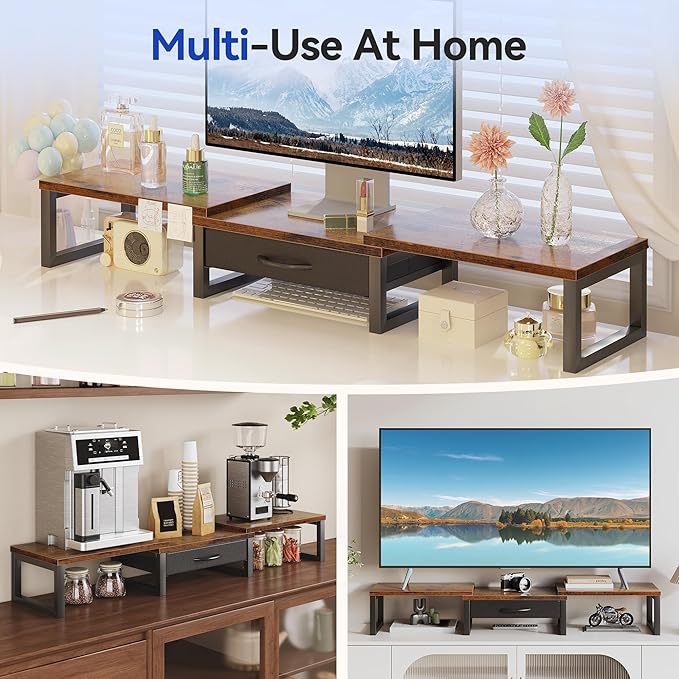 Desk Organizers and Accessories, Dual Monitor Stand Riser with Drawer, Computer Monitor Stand, Adjustable Desk Shelf for PC Laptop Printer TV, Brown - Image 6