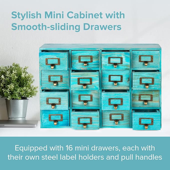 Teal 16-Slot Wooden Drawer Unit - Country Style Desk Organizer Box - 20"x3.6”x14” Wooden Storage Box w/ 16 Drawers - Countertop Drawers w/Label Holder & Handle - Slim 4-Level Desk Organizer - Image 4