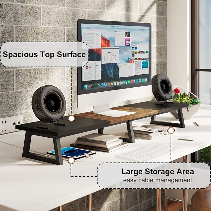 TEAMIX 42 inch Large Dual Monitor Riser, Desk Organizer Stand for TV Laptop | Extra Long Computer Stand Shelf, Wood & Steel TV Riser, Holds 300lbs, Keyboard & PS5 Storage Below, For Home Office & Gaming - Image 2