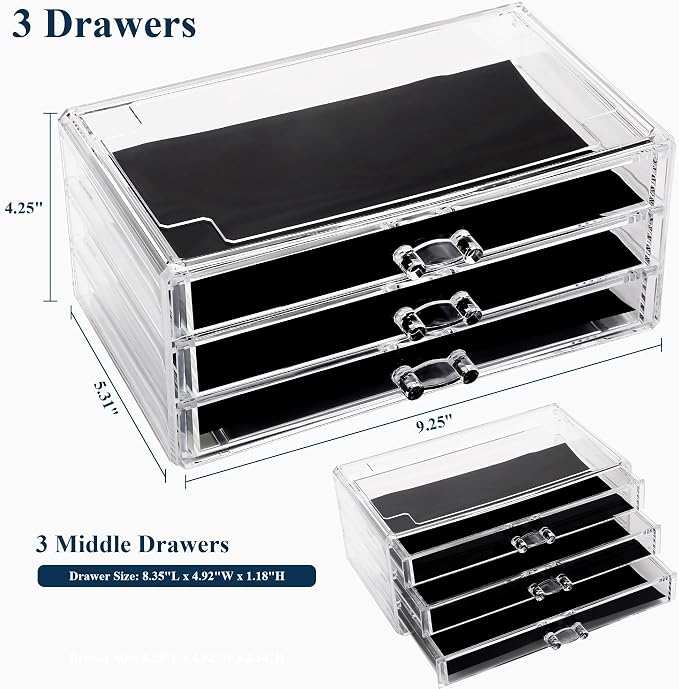 Sea Team Stackable Clear Acrylic Makeup Organizer with Drawers for Vanity | Multi-Purpose Cosmetic Display Case, Jewelry Storage Box with 3 Middle Drawers, Ideal for Dresser, Bathroom, Countertop - Image 2