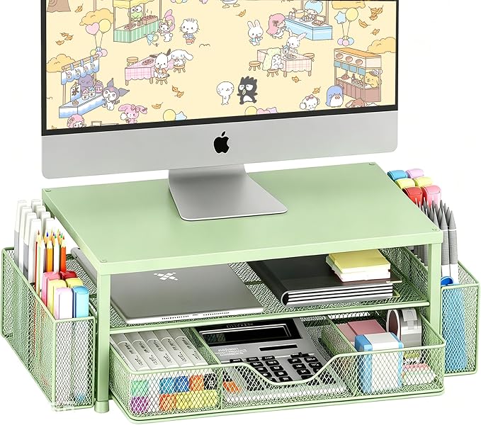 Desk Organizers and Accessories, Computer Monitor Stand Riser with Drawer and 2 Pen Holders, Printer & Laptop Stand, Office Desk Accessories & Workspace Organizers for Home Office Supplies, Green by OPNICE