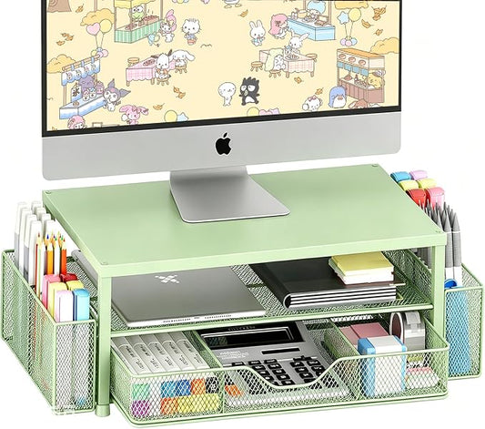 Desk Organizers and Accessories, Computer Monitor Stand Riser with Drawer and 2 Pen Holders, Printer & Laptop Stand, Office Desk Accessories & Workspace Organizers for Home Office Supplies, Green by OPNICE