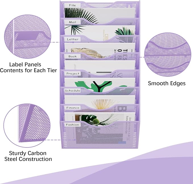 EasyPAG 8 Pocket Mesh Wall File Organizer, Hanging Paper Folder Holder with Classify Label, Vertical Wall Mount Mail Organizer for Office Home Classroom, Purple - Image 3