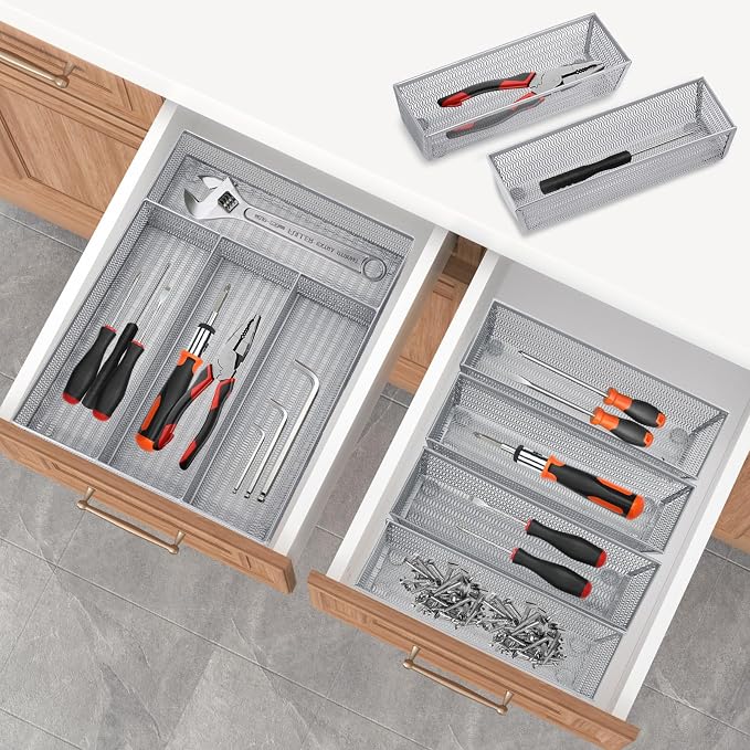 Neudeco Drawer Organizer Set, Silver, 5 Pack | 4-Compartment Silverware Tray, 4 Utensil Trays, Silver Mesh, Non-Slip, For Flatware, Cutlery, Office Supplies - Image 8
