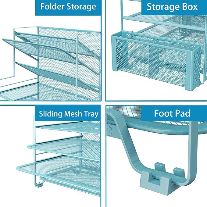 Simple Trending 7 Tier Desk File Organizer, Letter Tray Paper Organizer with Pen Holder and Metal Hanging Basket, Blue - Image 4