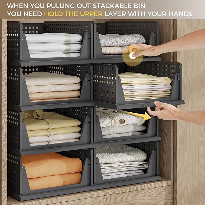8 Pack Closet Organizer Storage Bins Stackable Plastic Drawer Shelf | Basket for Clothing Stackable Storage Bins Shelf Storage Container for Closet Wardrobe Bedroom Bathroom Office Grey Foldable - Image 2