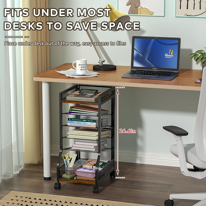 6-Tier Standing File Organizer, Rolling Under Desk Organizer for Office | with Sliding Mesh Paper Letter Trays, Slim Rolling File Cart Under Desk File Holder for Home/Office/Study Organization - Image 2