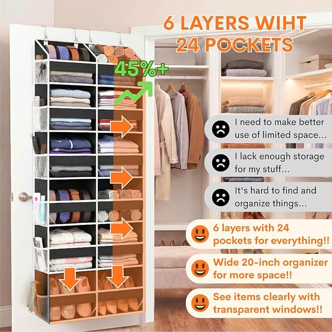 Over The Door Organizer 6 Tiers, Extra Large Behind Door Storage of 12 Compartments, 80 lbs Weight Capacity Hanging Storage Organizer with Clear Window Kids Toys, Shoes, Diapers, Room Storage,Black - Image 2