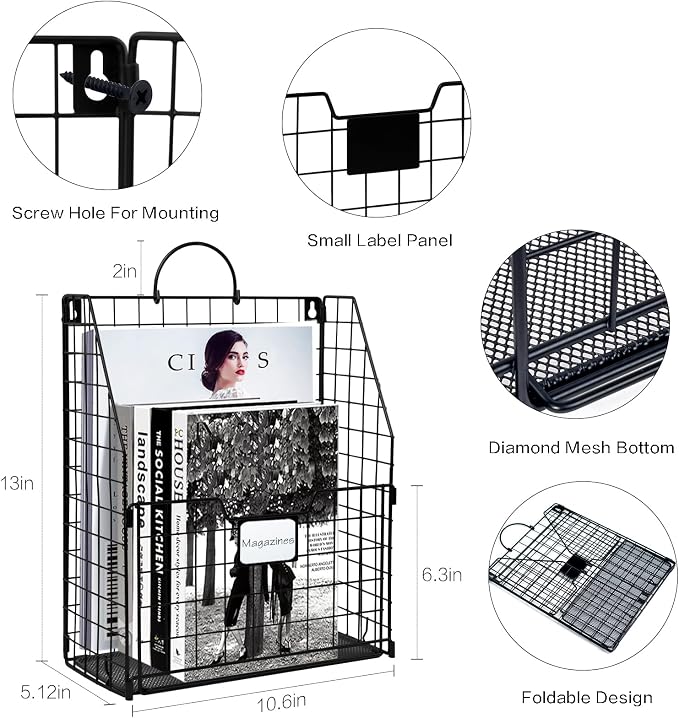 DILIBRA 4 Packs Hanging Wall File Organizer, Foldable Magazine File Holder | Wall Magazine Holder with Handle and Tag Slot, Metal Wall Mounted Mail Organizer Rack Folder Holder for Document Office Door - Image 3