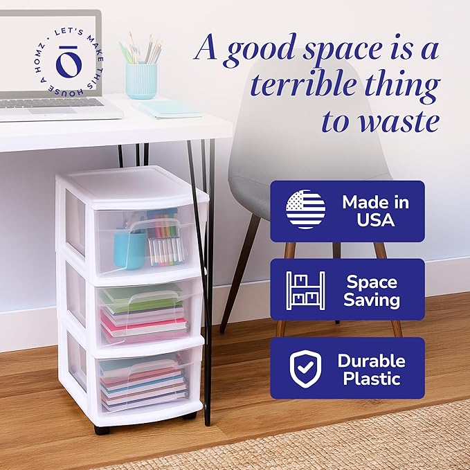 HOMZ Drawer Tower, 3-Tier Storage Cart with Removable Wheels, White Frame | Plastic Organizer with Clear Bin Drawers for Bedroom, Bathroom, Home Office, and Dorm Rooms - Image 7