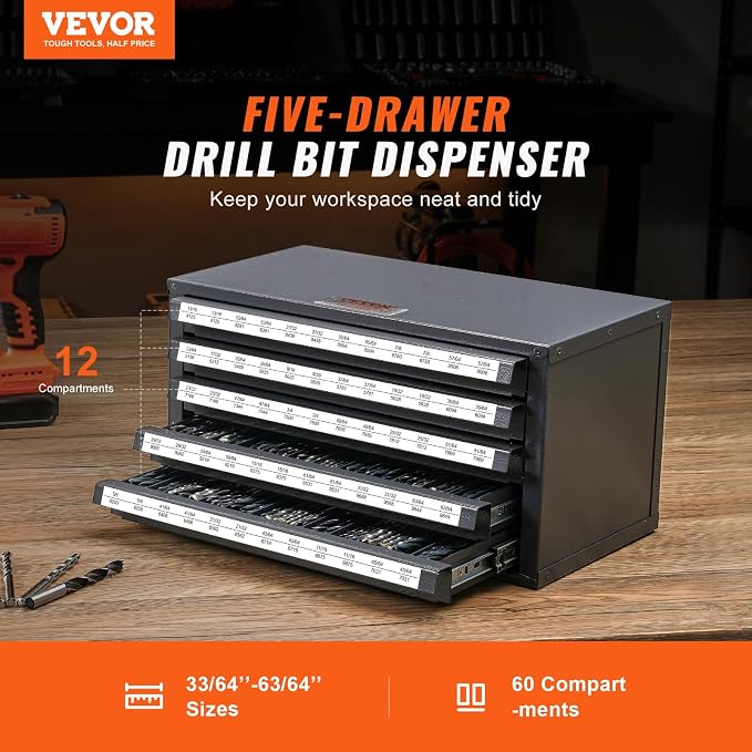 VEVOR Drill Bit Dispenser Cabinet, Five-Drawer Drill Bit Dispenser, 1/2" Reduced Shank Drill Bit Organizer Cabinet, Drill Dispenser Organizer Cabinet for Sizes 33/64" to 63/64" in 1/64" Increments - Image 5