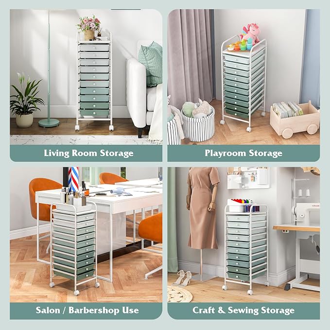 Storage Cart, Rolling Utility Cart with 10 Drawers, Portable Handles & Lockable Wheels, Mobile Paper Toys Storage Organizer Large Capacity for Home Office School Teacher (Gradient Green) - Image 6