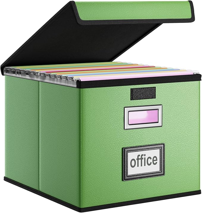 File Organizer Box with Lids, Collapsible File Folder Organizer | File Box with Plastic Slides for Document, Filing Bin for Letter Size Hanging File Folders (1 Pack, Green, Leather) by Huolewa