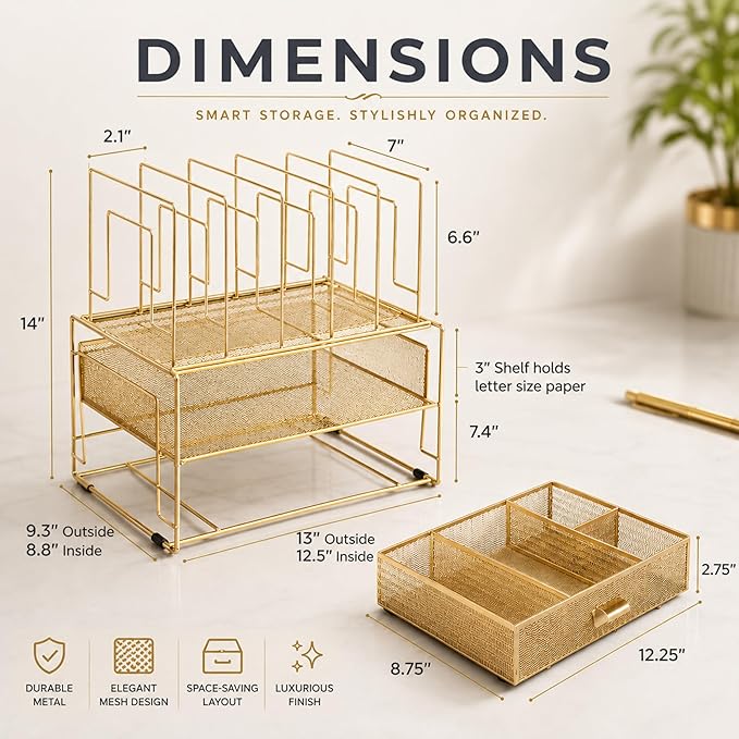 BLU MONACO | Gold Desk Organizer With Drawer | Metal Mesh File Holder & Vertical File Organizer | Desktop Storage for Office Supplies, Papers & Folders | 9.3" D x 13" W x 14" H - Image 6