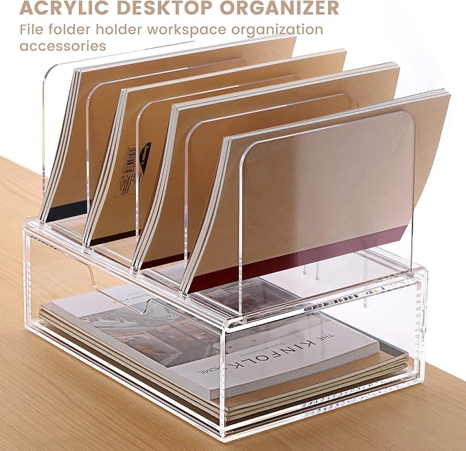 HeZone Desk Organizers and Accessories, Acrylic Desk Organizer with Drawer, Office Supplies Organization Storage, Clear Acrylic File Organizer for Desk - 1 Pack - Image 2