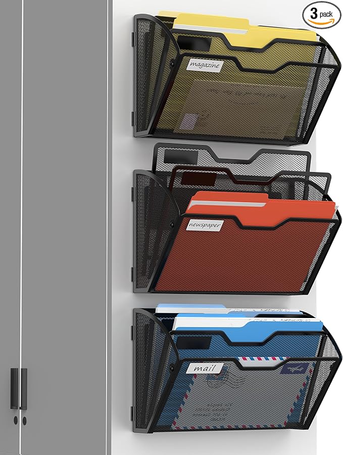 Docnest 3 Pack 3 Tier Dual-Mount Magnetic Mesh File Holders, Wall Organizer | Mount magnets or screws. 2-in-1 hanging mesh mail letter organizer with hooks for office and home clutter by DocNest