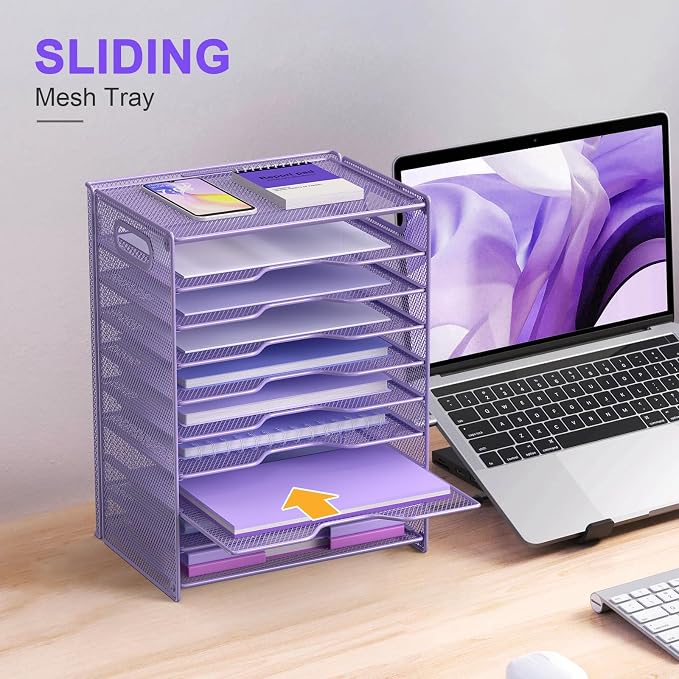 OUTWOLF 10 Tier Paper Organizer - Letter Tray Mesh Desk File Organizer with Handles for Office School Desktop, Purple - Image 5