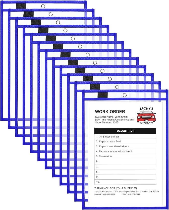 Nezyo Dry Erase Pockets Plastic Job Ticket Holders Shop Holder Order Pockets Clear Sleeves Tickets Folders Plastic Sleeves Paper Teacher Supplies for Classroom (14 x 10 in,Blue,12 Pcs) by Nezyo