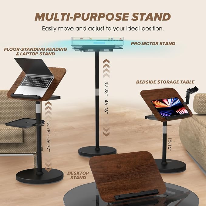 2 in 1 Adjustable Music Stand for Sheet Music, Dual Use Desktop and Floor, Book Stand with Tray & Elastic Page Clips for Music Sheet, Recipe, Tablet, Laptop Height Adjustable 23.5-52 in (Walnut) - Image 2