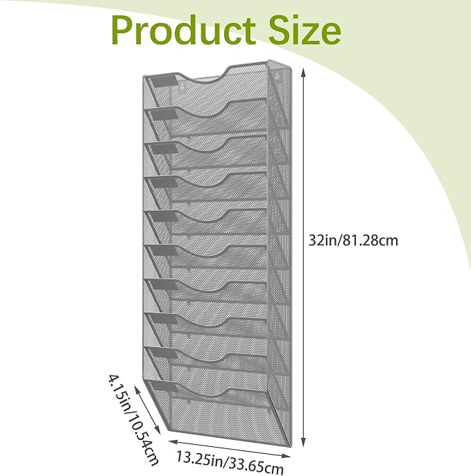 EasyPAG 10 Pocket Mesh Wall File Organizer, Hanging Paper Folder Holder with Classify Label, Vertical Wall Mount Mail Organizer for Office Home Classroom, Silver - Image 4