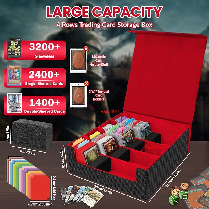 AOBOPLE 3200+ Trading Card Storage Box with Magnetic Closure, PU Leather | 4-Row Card Box,24 Dividers + 4 Foam Supports,Card Organizer For MTG TCG Magic Sports Cards,Gift For Collectors - Image 2