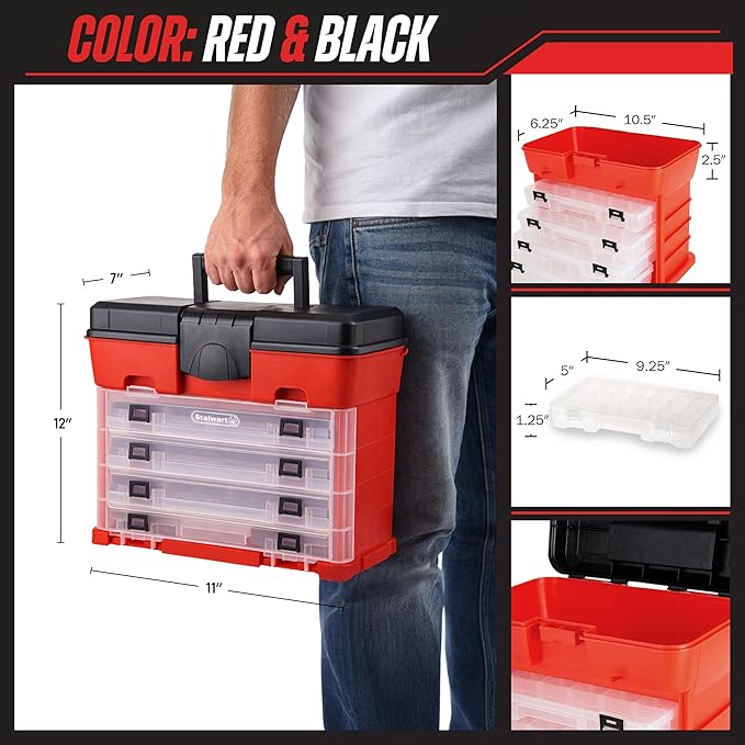 Small Parts Organizer Box - 11-Inch Portable Storage Case with 4 Removable Multi-Compartment Trays for Screws, Beads, Small Fishing Tackle, Hardware, and Craft Supplies by Stalwart (Red) - Image 2