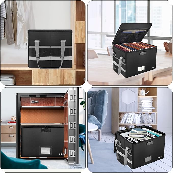 ENGPOW File Box with Lock,Fireproof Document Box with Zipper＆Pockets,Collapsible File Organizer Filing Storage Cabinet with Handle,Portable Home Office Safe for Hanging Letter/Legal Folder,Black - Image 2