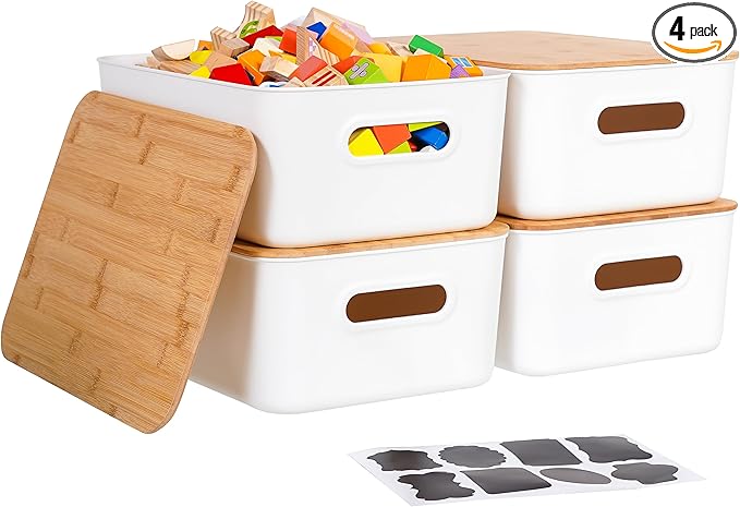 Citylife Storage Bins with Bamboo Lids 16QT Plastic Storage Containers Stackable Organizer Boxes with Handle for Desk Snacks, Toys, 4 PCS, 15" L x 10.6" W x 5.8" H by CITYLIFEHomeOrganization
