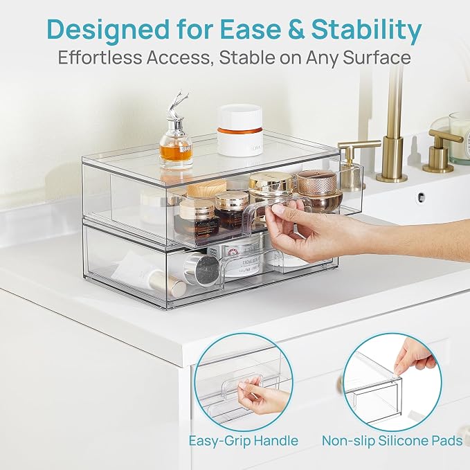 Vtopmart Clear Stackable Storage Drawers, 4 Pack Wide Plastic Organizers | Clear Pull-Out Plastic Drawers, Stackable Design for Makeup Palettes, Cosmetics, Beauty Supplies, Vanity, Cabinet and Desk - Image 8