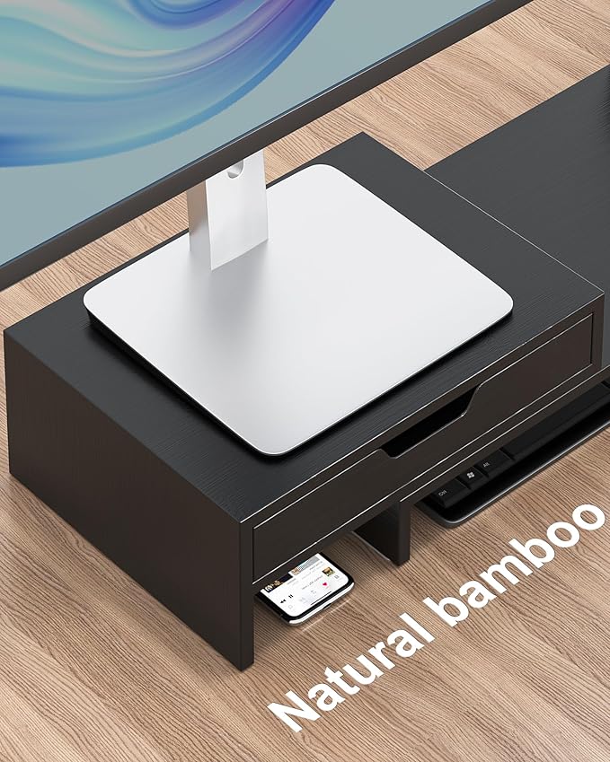 Epesoware Dual Monitor Riser with Two Drawer for Desk, No Assembly Required | Premium Bamboo Dual Monitor Stand with Storage, Desk Monitor Shelf for Computer, IMac & Laptop, Desk Organizer, Black - Image 2
