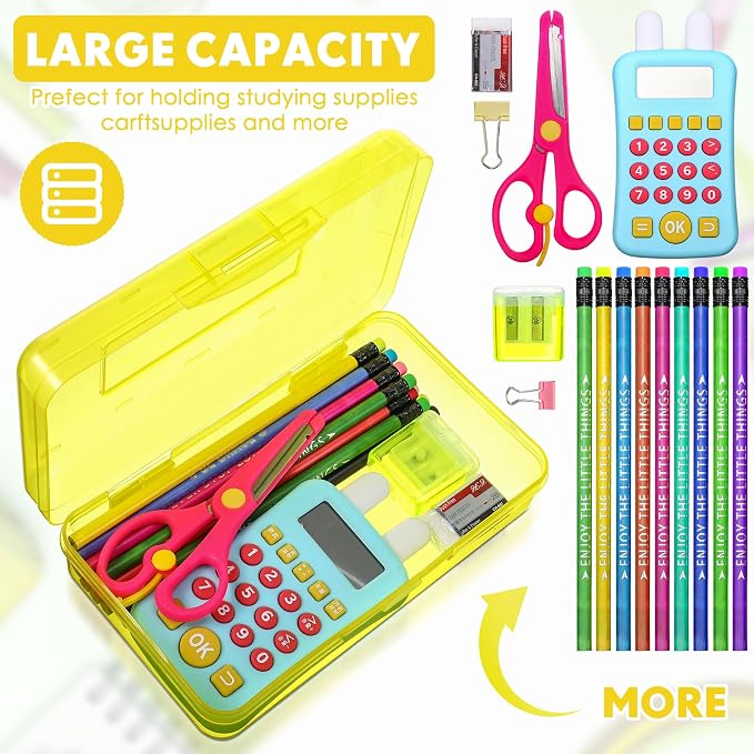 Leelosp 12 Pack Clear Pencil Boxes for School Bulk, Large Plastic Pencil Case with Lid, Stackable Hard Crayon Storage Box for Classroom Kids, Desk Drawer Organizer for Office Home(Yellow) - Image 3