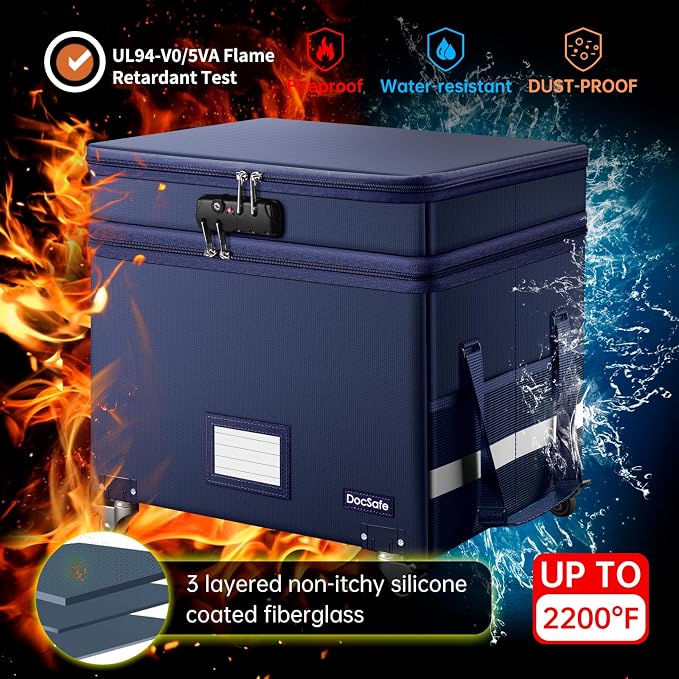 DocSafe File Box with Lock, 2-Layer Fireproof Document Box with Wheels,Collapsible File Storage Organizer with Pockets,Large Portable Office Filing Cabinet Hanging Folders,Blue,16''x13.8''x12.2'' - Image 4
