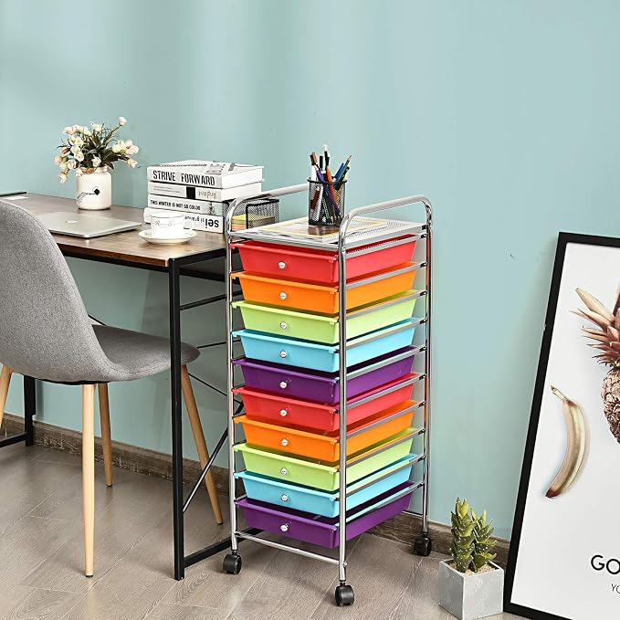 Storage Cart, Rolling Utility Cart with 10 Drawers, Portable Handles & Lockable Wheels, Mobile Paper Toys Storage Organizer Large Capacity for Home Office School Teacher (Multi-Color) - Image 2