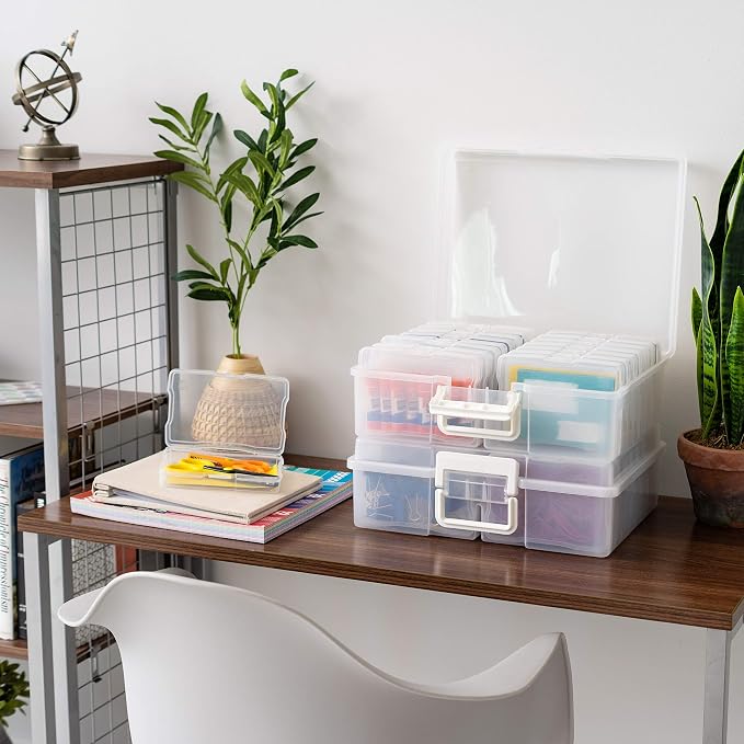 IRIS USA Photo Storage Box |Made in USA| 16 Cases - (2-Pack) - Clear | Fits 4" x 6" Pictures / Built-In Handle / Organizing Containers for Tasks, Stickers, Ephemera & Flashcards - Image 8