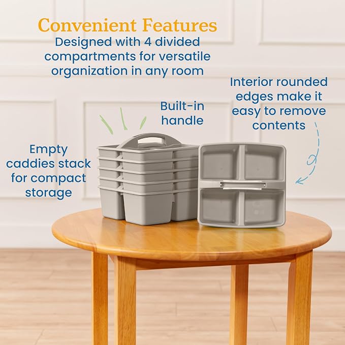 ECR4Kids 4-Compartment Medium Plastic Caddy, Multipurpose Organization, Grey, 6-Pack - Image 5